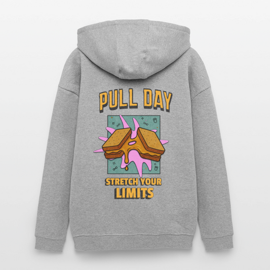 Lustiger Gym Hoodie "Pull Day – Stretch Your Limits" | Premium Oversized Hoodie (Unisex) | Fitness & Gym Streatwear - Grau meliert