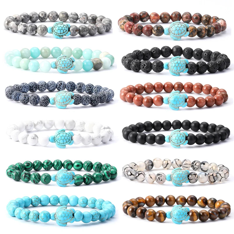 Tigerauge Armband mit Türkis-Schildkröte - Naturstein Bracelet für Damen & Herren im maritimen Boho-Stil