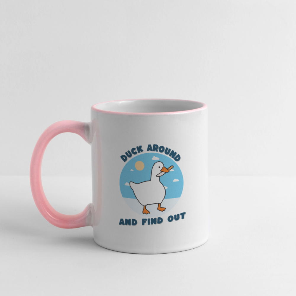 Lustige Kaffeetasse mit frechem Enten-Motiv „Duck Around and Find Out“ Tasse - Weiß/Pink
