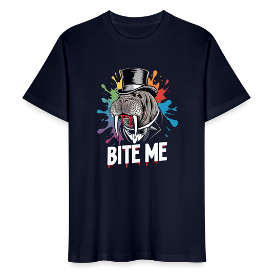 Unisex Bio-T-Shirt BITE ME – Lustiges Walross-Design mit Zylinder & buntem Splash-Effekt - Navy