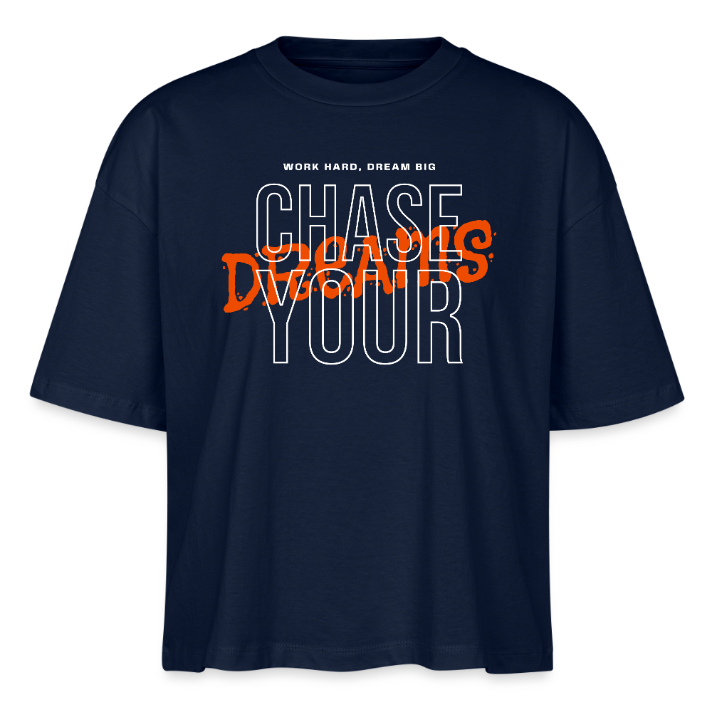 Boxy Organic Shirt Damen – „CHASE YOUR DREAMS“ | Oversized Statement Shirt aus 100 % Bio-Baumwolle - Navy