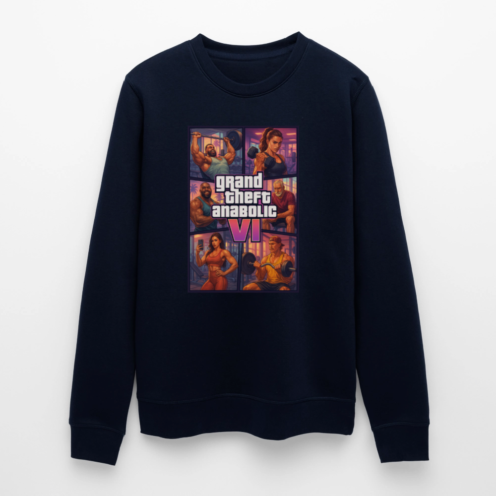 GTA VI Sweatshirt "Grand Theft Anabolic" – Organic Fitness Pullover im Retro Comic Look - Navy