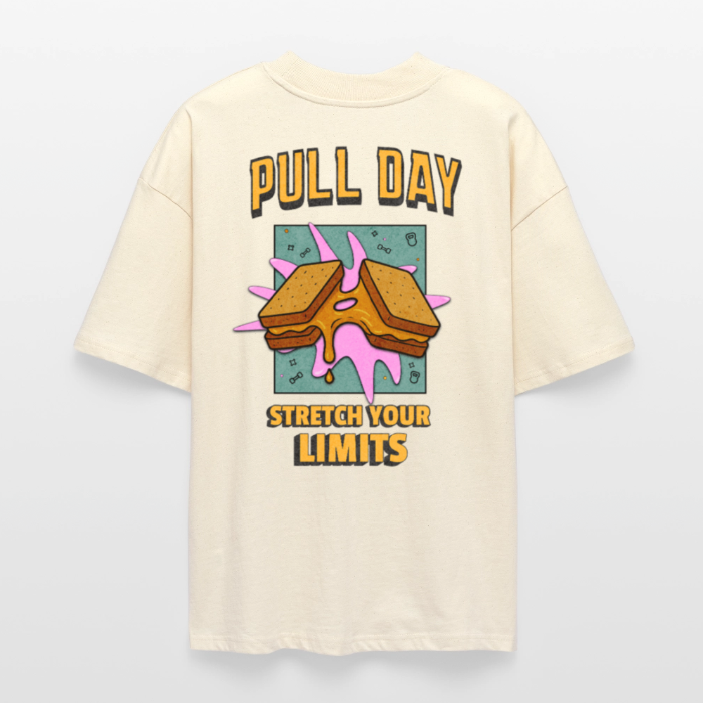 Lustiges Gym Shirt "Pull Day – Stretch Your Limits" | Premium Organic Oversized Shirt (Unisex) | Fitness & Gym Streatwear - Weißgrau