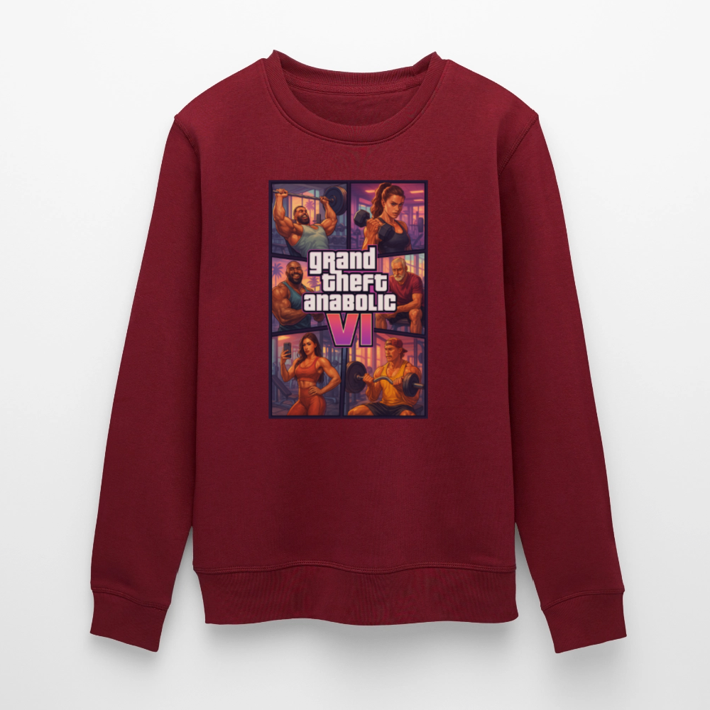 GTA VI Sweatshirt "Grand Theft Anabolic" – Organic Fitness Pullover im Retro Comic Look - Burgunderrot