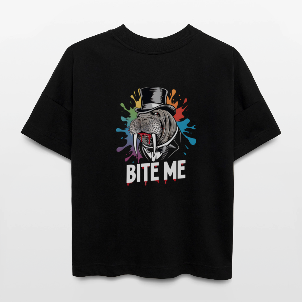 Bio Oversized Shirt BITE ME Unisex – Lustiges Walross-Design mit Zylinder & buntem Splash-Effekt - Schwarz