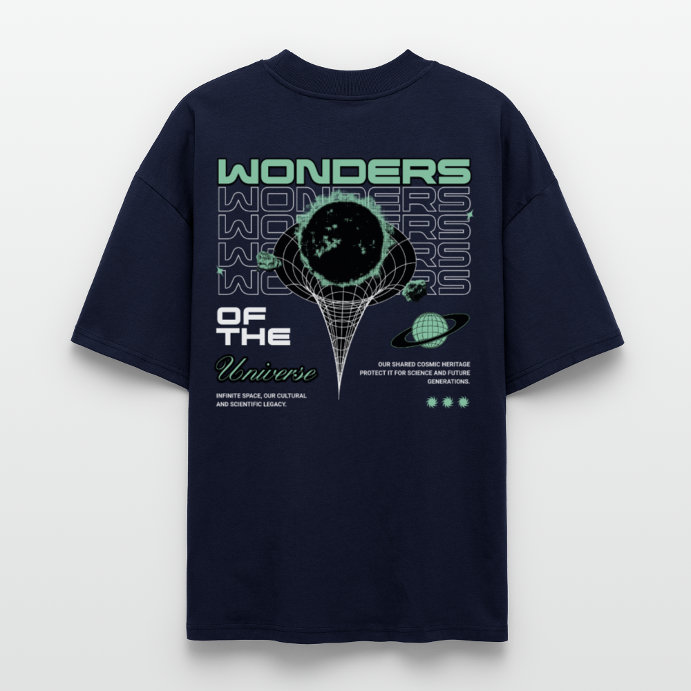 Wonders of the Universe Shirt – Oversized Bio-Shirt mit Retro Space Backprint (Unisex) - Navy