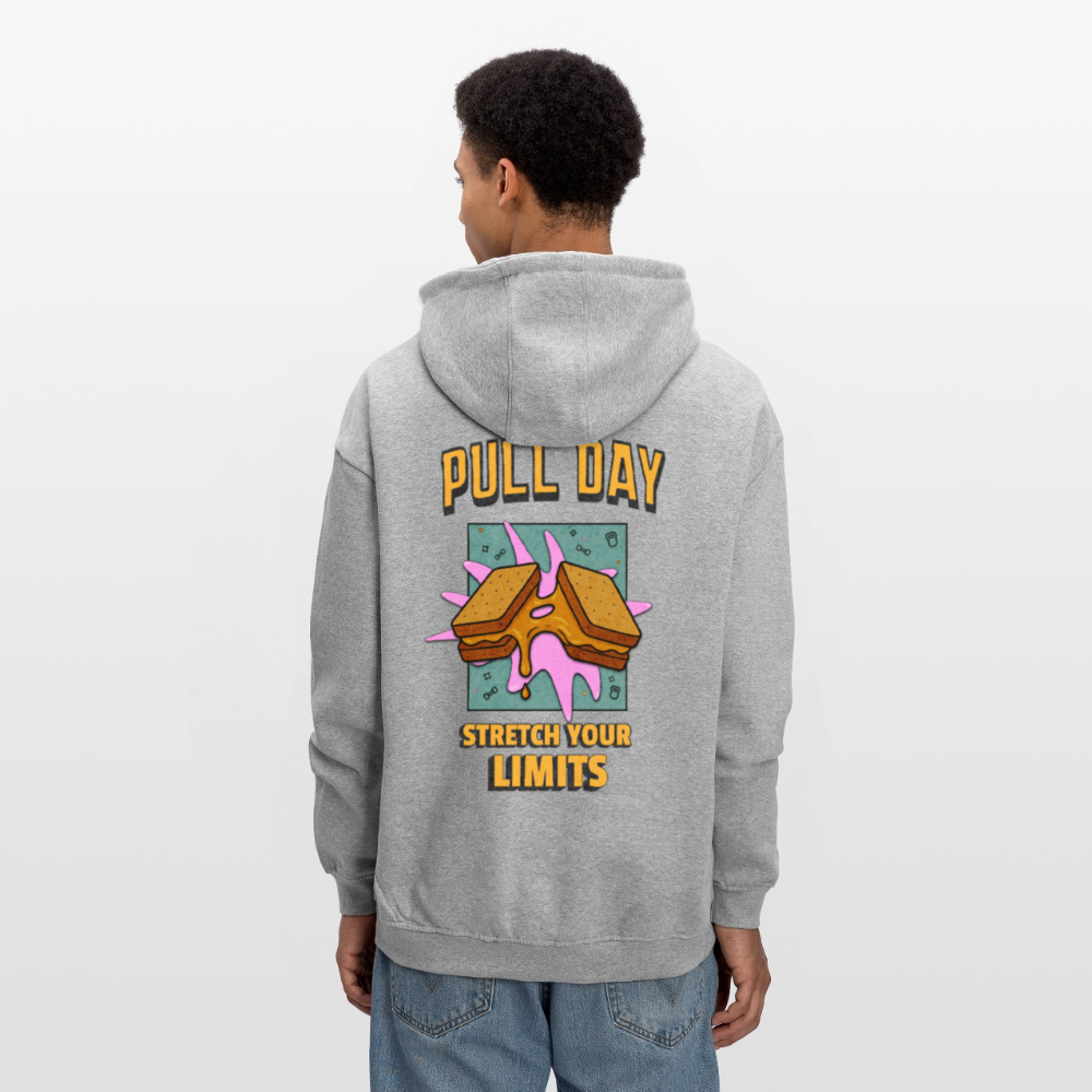 Lustiger Gym Hoodie "Pull Day – Stretch Your Limits" | Premium Oversized Hoodie (Unisex) | Fitness & Gym Streatwear - Grau meliert