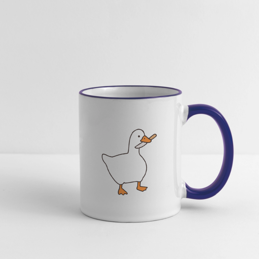 Lustige Kaffeetasse mit frechem Enten-Motiv „Duck Around and Find Out“ Tasse - Weiß/Kobaltblau