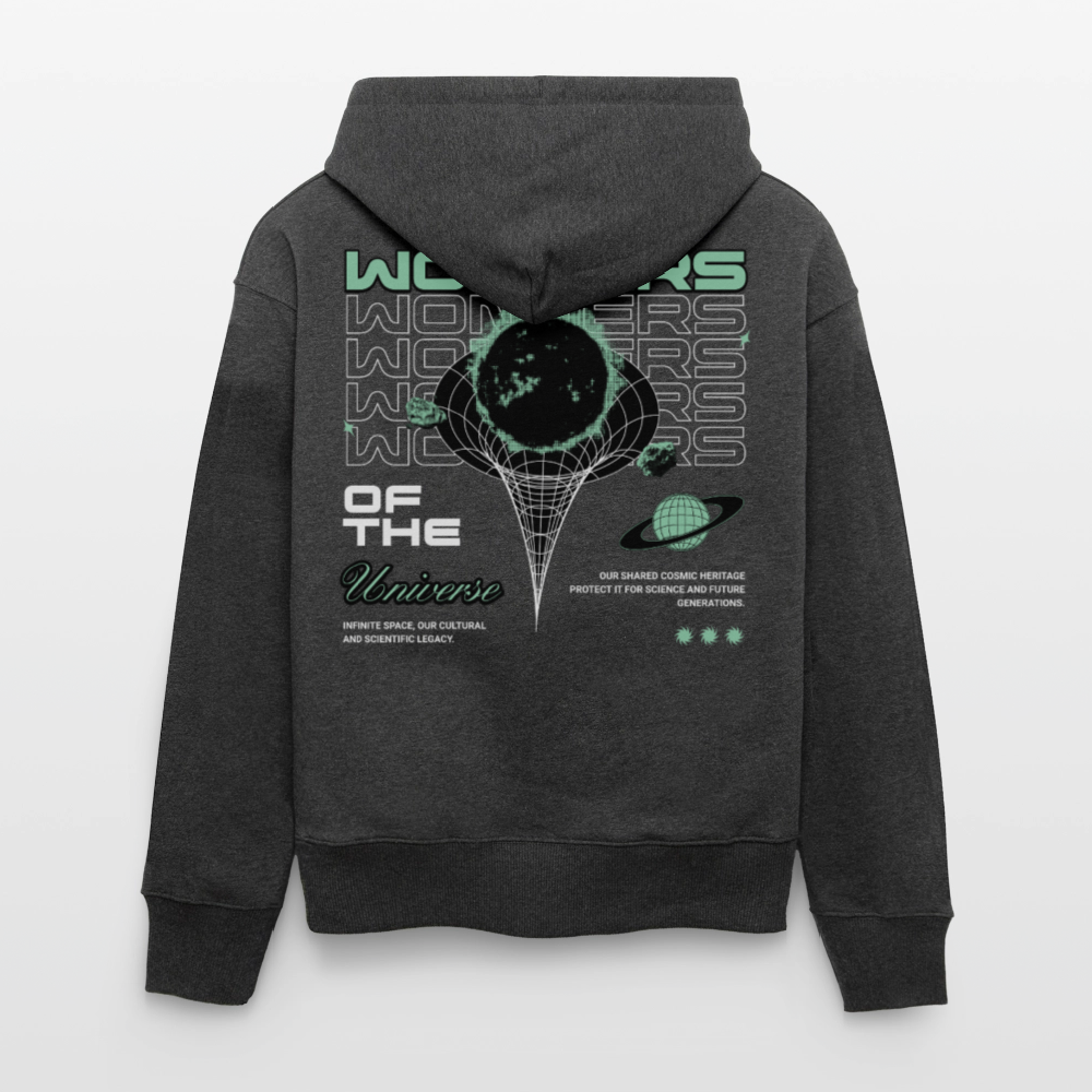 Wonders of the Universe Hoodie – Bio Relaxed Fit Kapuzenpullover mit Retro Space Backprint (Unisex) - Dunkelgrau meliert