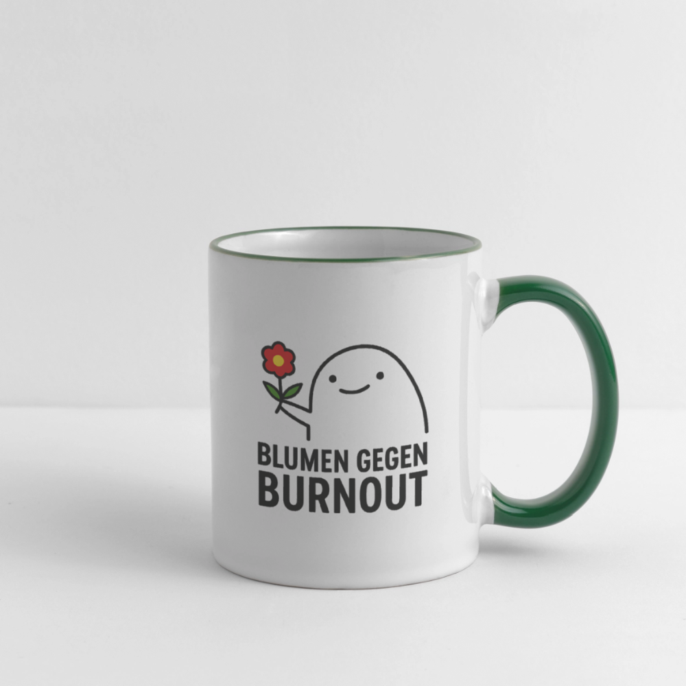 Tasse „Blumen gegen Burnout“ | Keramik, Spülmaschinenfest, Geschenkidee - Weiß/Dunkelgrün