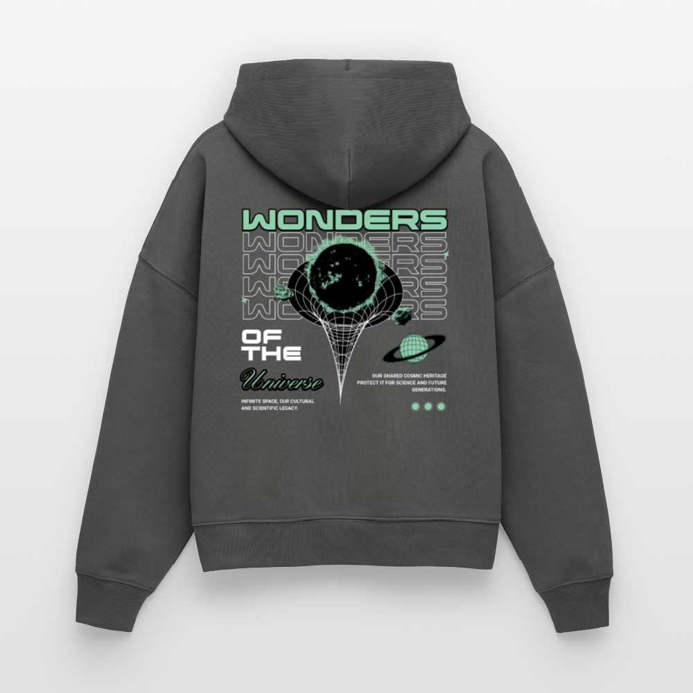 Wonders of the Universe Damen Hoodie – Boxy Bio-Kapuzenpullover mit Retro Space Backprint - Anthrazit