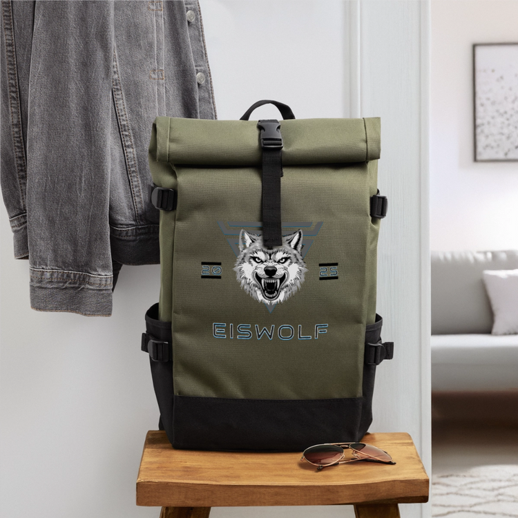 Rolltop Rucksack EISWOLF 2025 – Robuster Outdoor-Rucksack mit Wolf-Design & taktischer Ästhetik - Olive/Schwarz