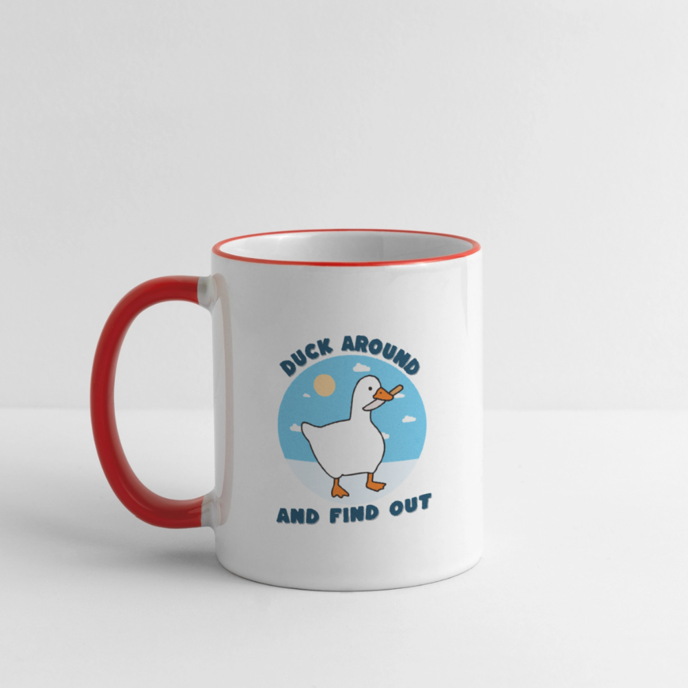 Lustige Kaffeetasse mit frechem Enten-Motiv „Duck Around and Find Out“ Tasse - Weiß/Rot