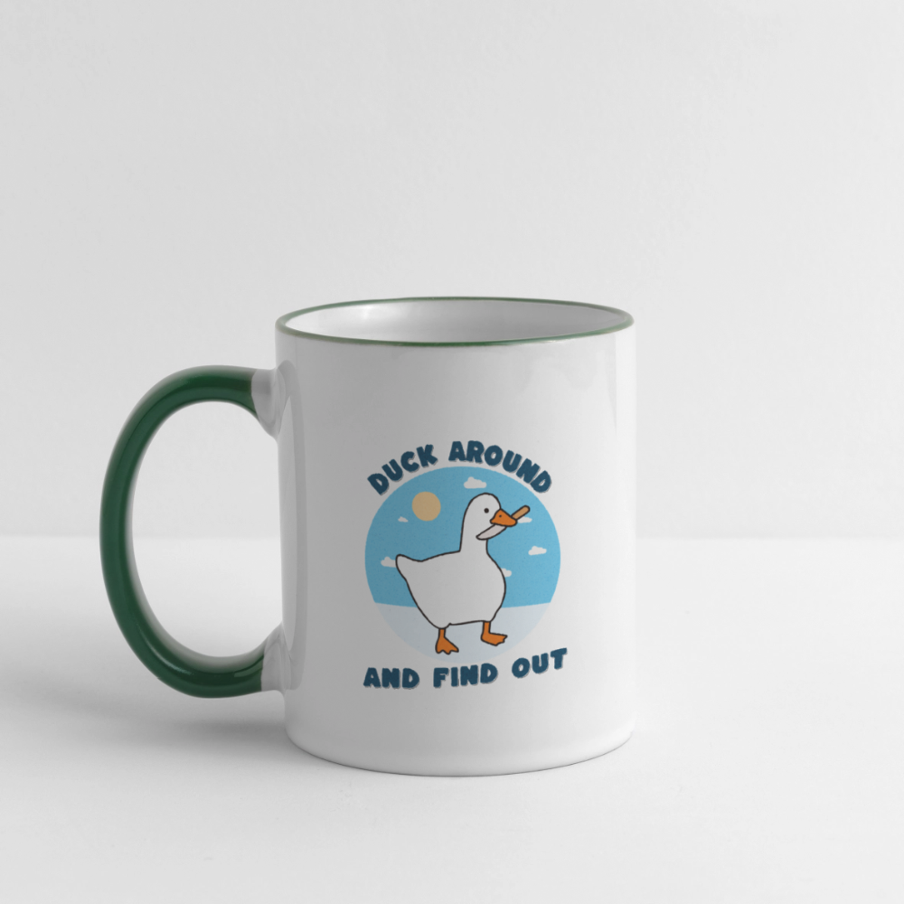 Lustige Kaffeetasse mit frechem Enten-Motiv „Duck Around and Find Out“ Tasse - Weiß/Dunkelgrün