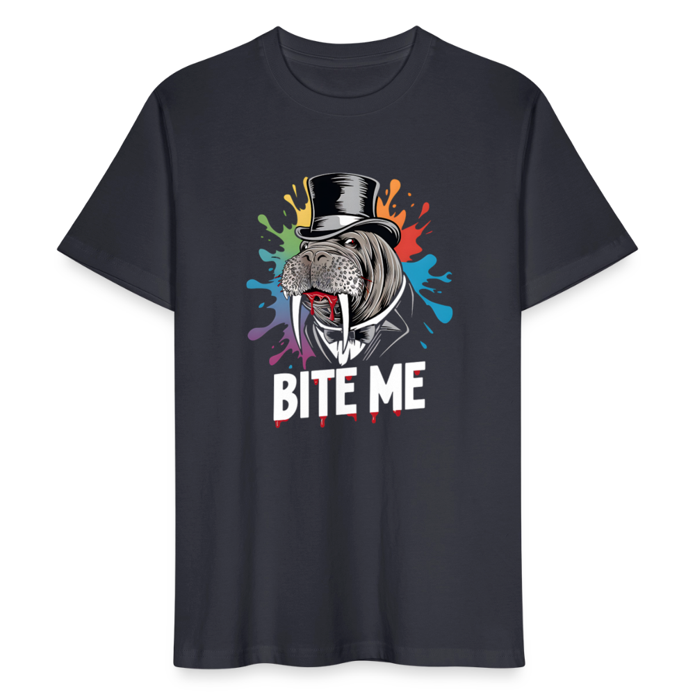 Unisex Bio-T-Shirt BITE ME – Lustiges Walross-Design mit Zylinder & buntem Splash-Effekt - Dunkles Graublau
