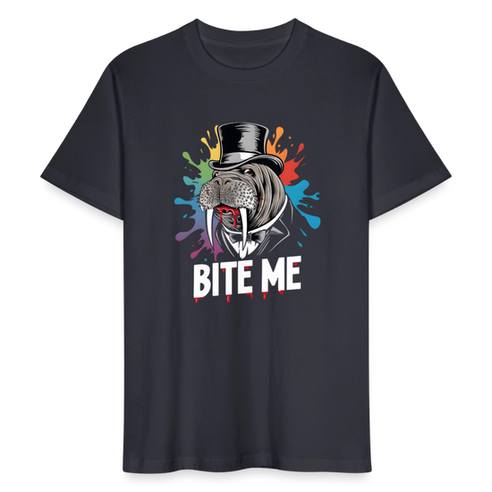 Unisex Bio-T-Shirt BITE ME – Lustiges Walross-Design mit Zylinder & buntem Splash-Effekt - Dunkles Graublau