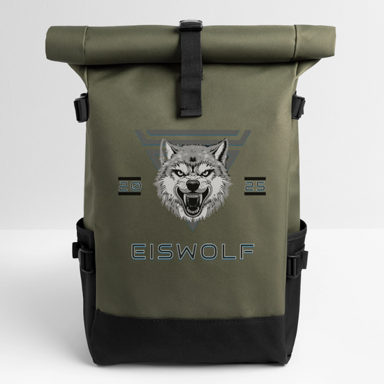 Rolltop Rucksack EISWOLF 2025 – Robuster Outdoor-Rucksack mit Wolf-Design & taktischer Ästhetik - Olive/Schwarz