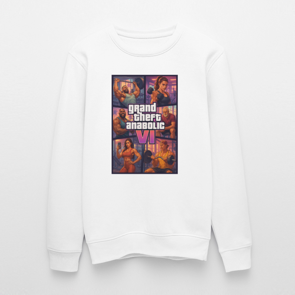 GTA VI Sweatshirt "Grand Theft Anabolic" – Organic Fitness Pullover im Retro Comic Look - Weiß