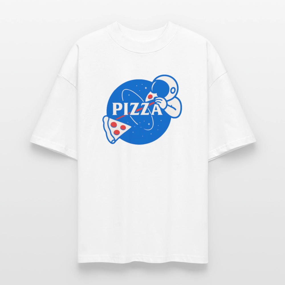 NASA Pizza Fusion Shirt | Oversized Unisex Bio T-Shirt mit Astronaut & Pizzastück - Weiß
