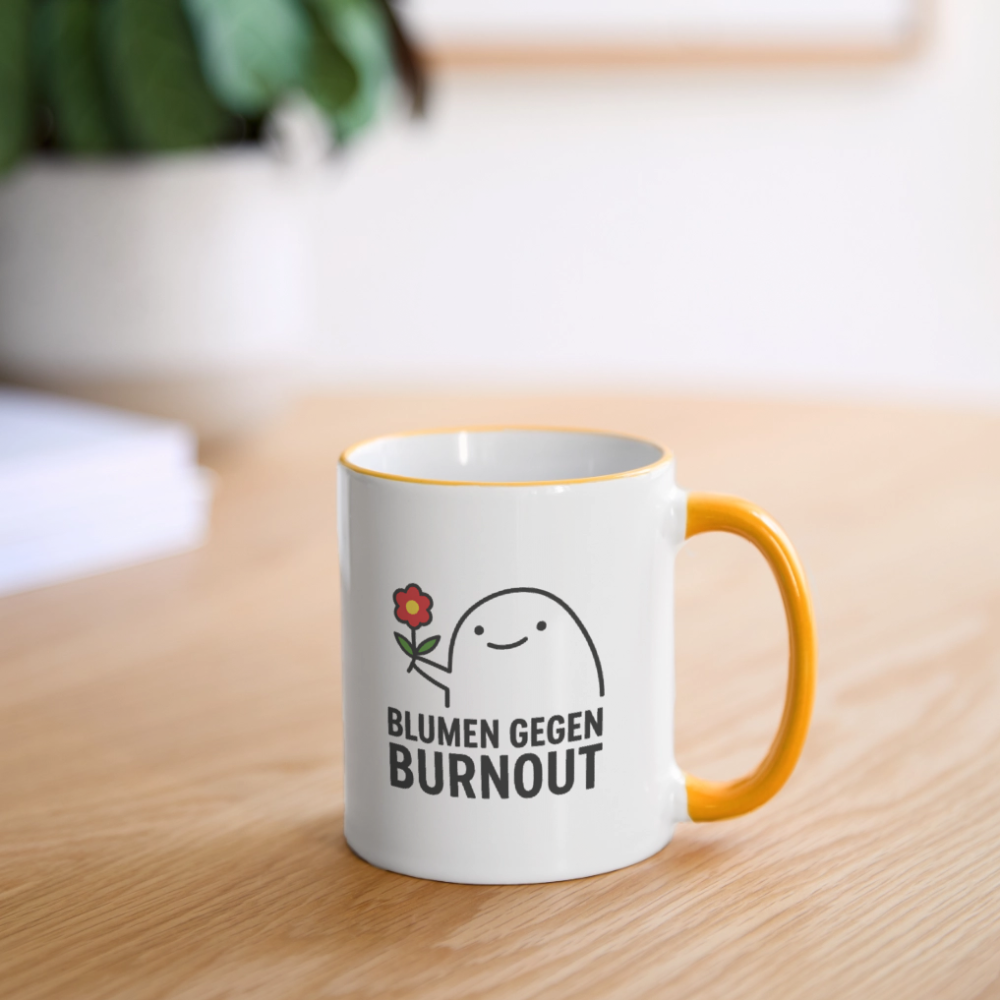 Tasse „Blumen gegen Burnout“ | Keramik, Spülmaschinenfest, Geschenkidee - Weiß/Gelb