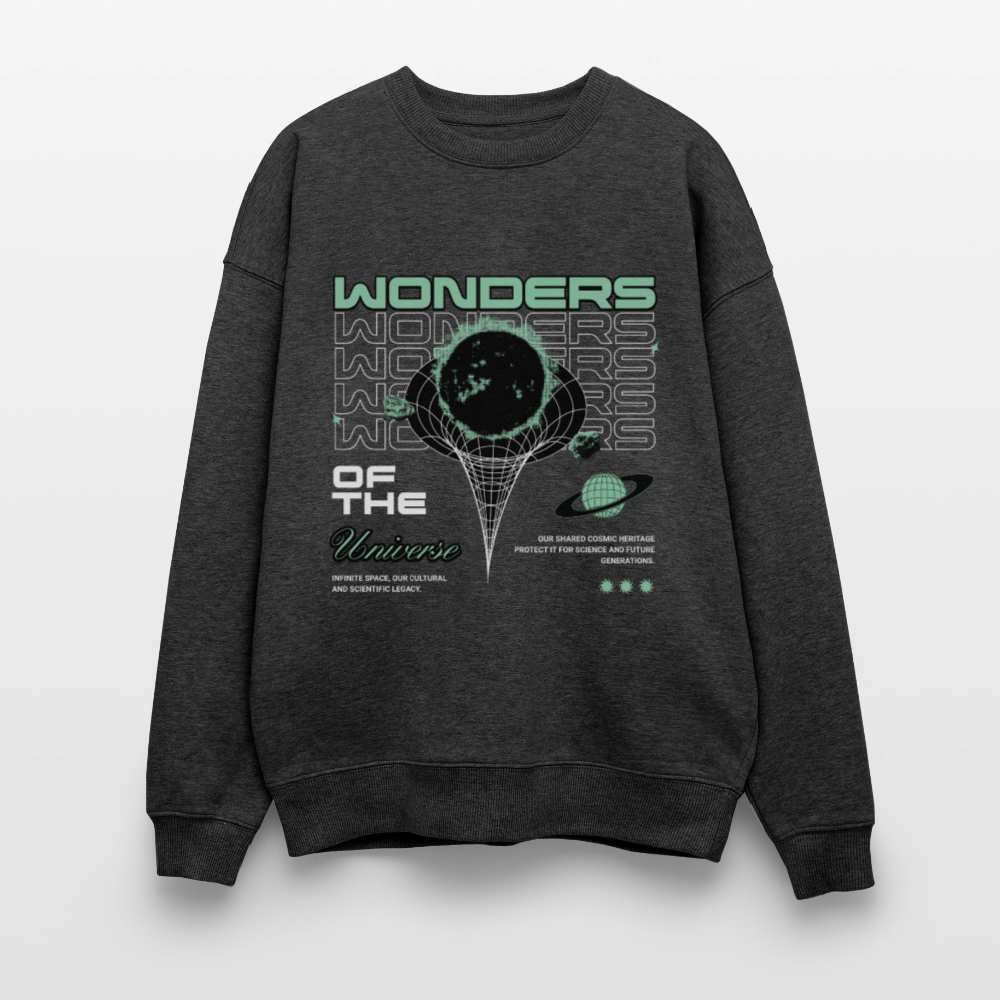 Wonders of the Universe Pullover – Oversized Bio-Sweater mit Retro Space Frontprint (Unisex) - Dunkelgrau meliert