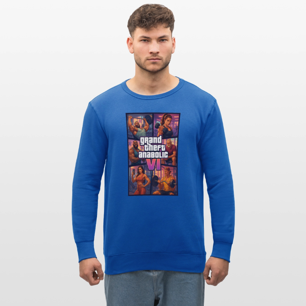 GTA VI Sweatshirt "Grand Theft Anabolic" – Organic Fitness Pullover im Retro Comic Look - Königsblau