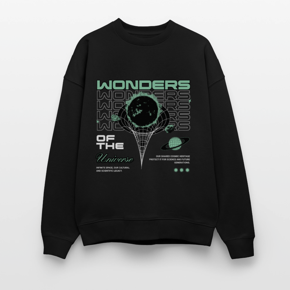 Wonders of the Universe Pullover – Oversized Bio-Sweater mit Retro Space Frontprint (Unisex) - Schwarz