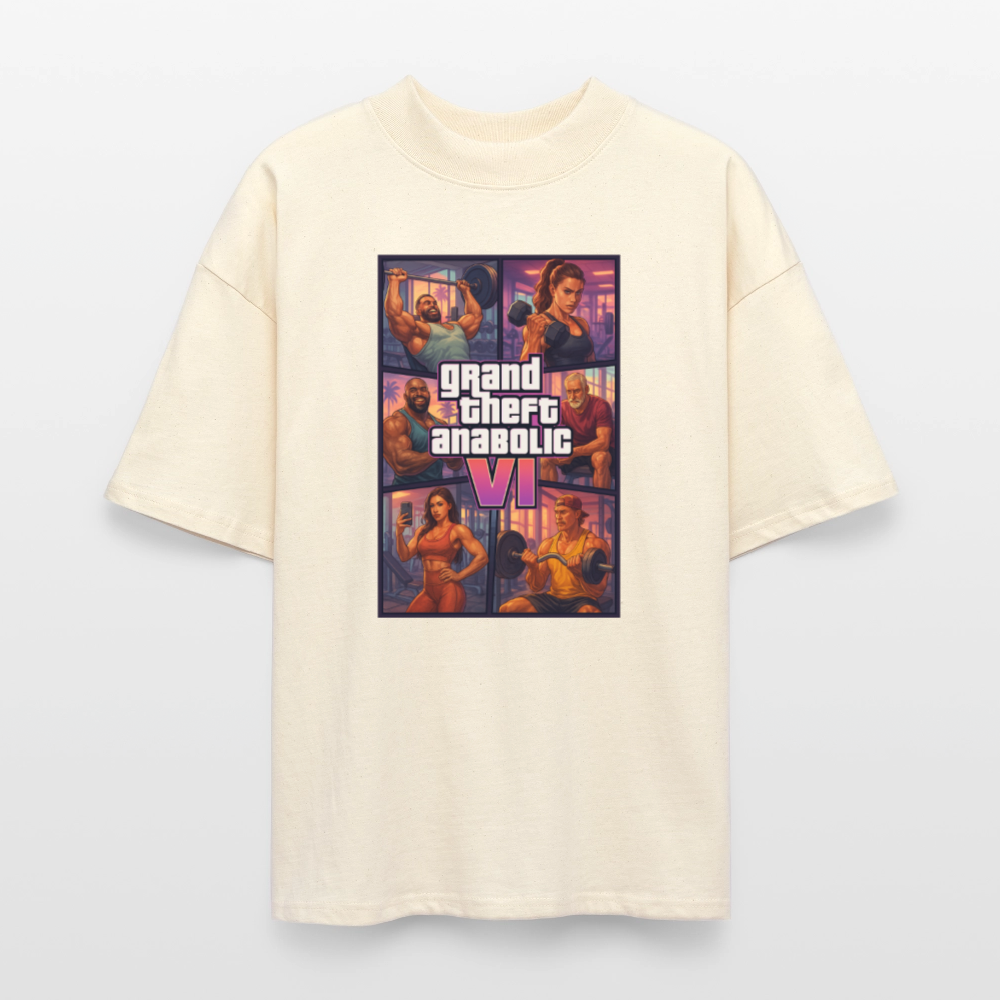 GTA VI Shirt "Grand Theft Anabolic" – Oversized Bio Shirt für Bodybuilding Fans & Gym Bros - Weißgrau