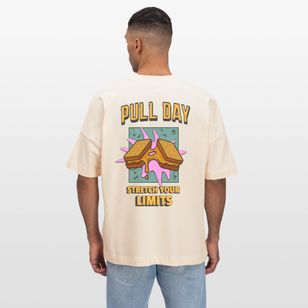 Lustiges Gym Shirt "Pull Day – Stretch Your Limits" | Premium Organic Oversized Shirt (Unisex) | Fitness & Gym Streatwear - Weißgrau