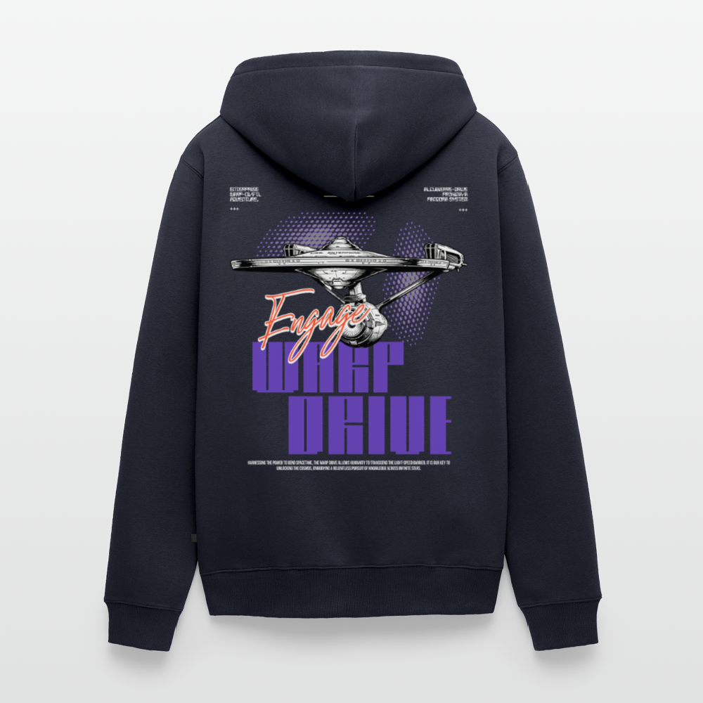 Warp Drive Unisex Premium Bio Zipper Hoodie – "Engage" Sci-Fi Raumschiff Fleece - Navy