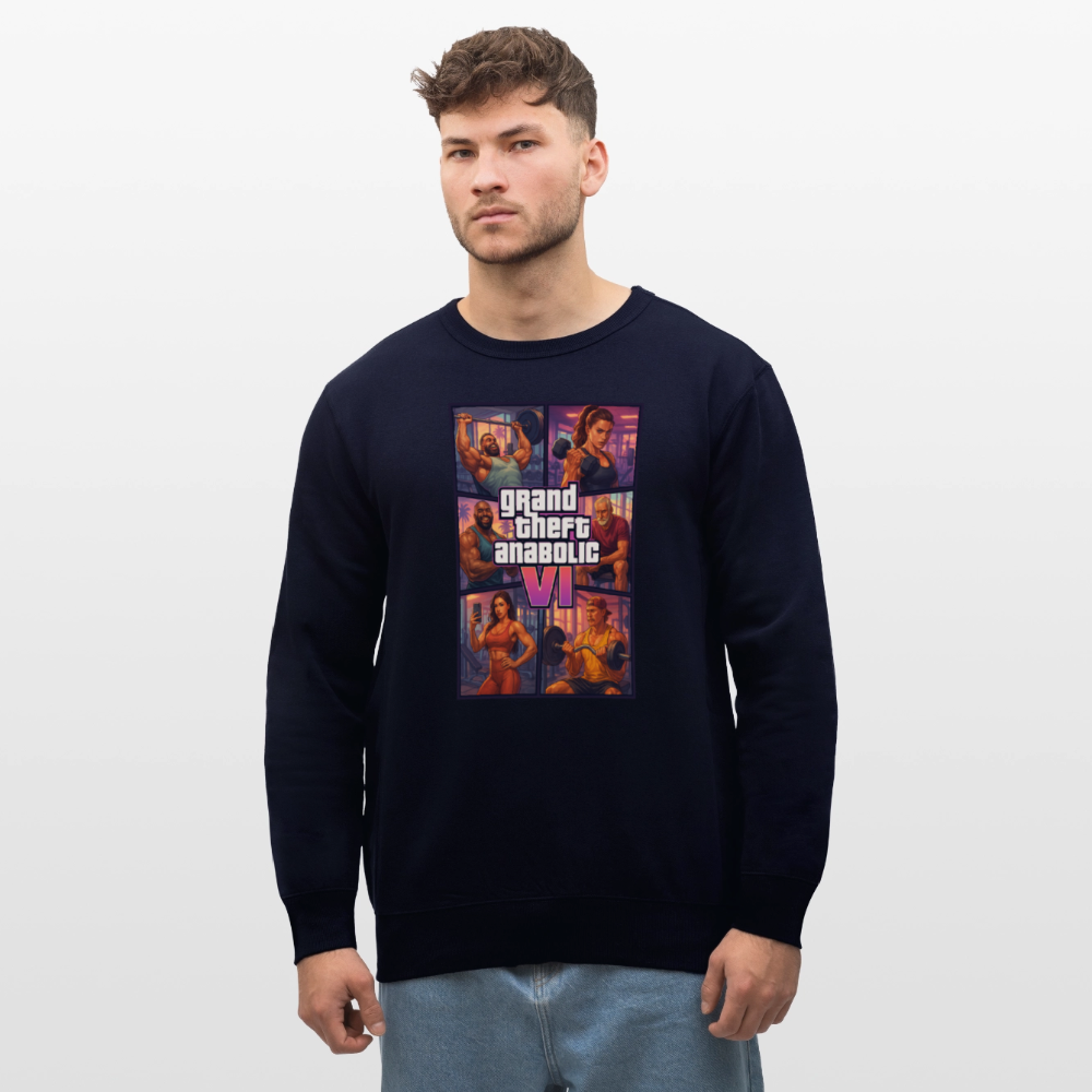 GTA VI Sweatshirt "Grand Theft Anabolic" – Organic Fitness Pullover im Retro Comic Look - Navy