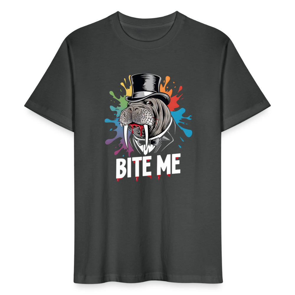 Unisex Bio-T-Shirt BITE ME – Lustiges Walross-Design mit Zylinder & buntem Splash-Effekt - Anthrazit