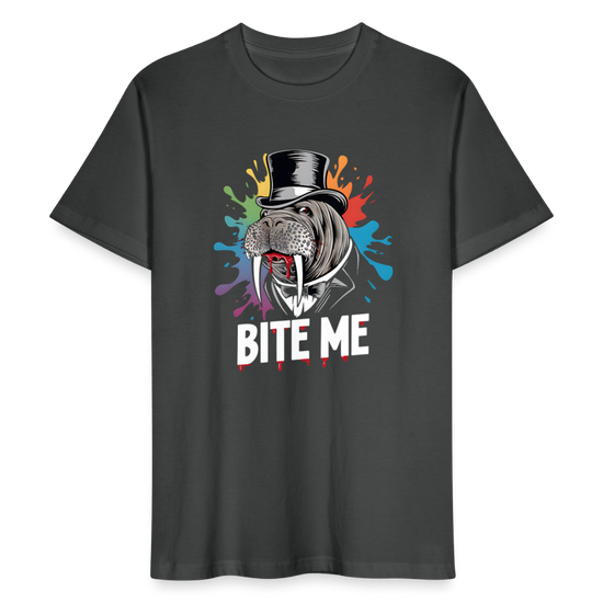 Unisex Bio-T-Shirt BITE ME – Lustiges Walross-Design mit Zylinder & buntem Splash-Effekt - Anthrazit