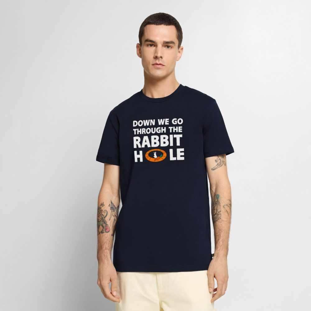 „Down The Rabbit Hole“ Schwarzes Loch | Astronomie & Physik Nerd Premium T-Shirt | Not Oversized, normal Fit - Navy