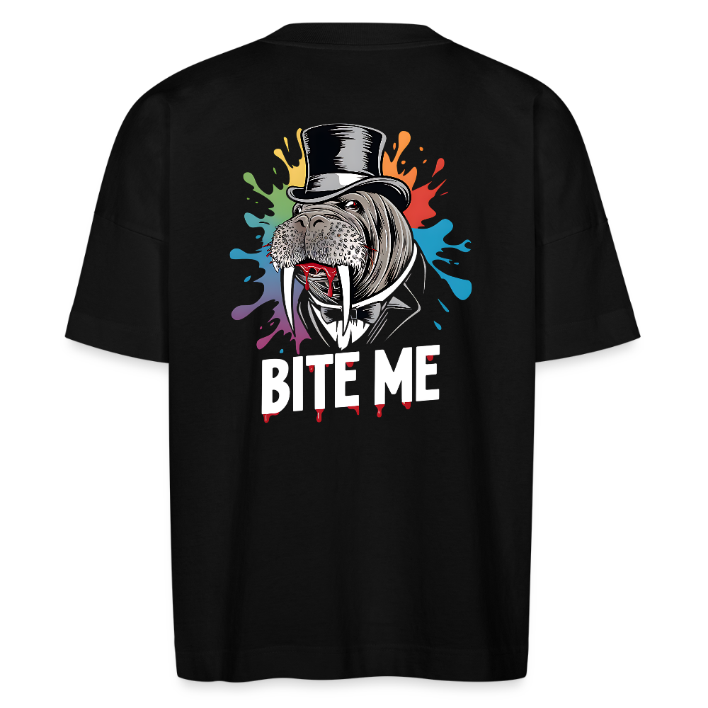 Bio Oversized Shirt BITE ME Unisex – Lustiges Walross-Design mit Zylinder & buntem Splash-Effekt - Schwarz