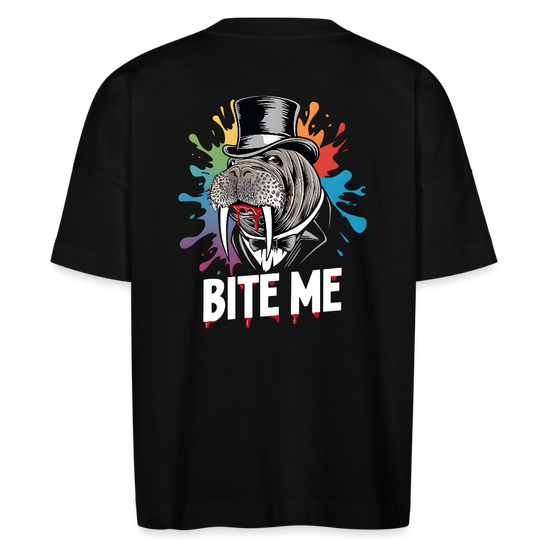Bio Oversized Shirt BITE ME Unisex – Lustiges Walross-Design mit Zylinder & buntem Splash-Effekt - Schwarz