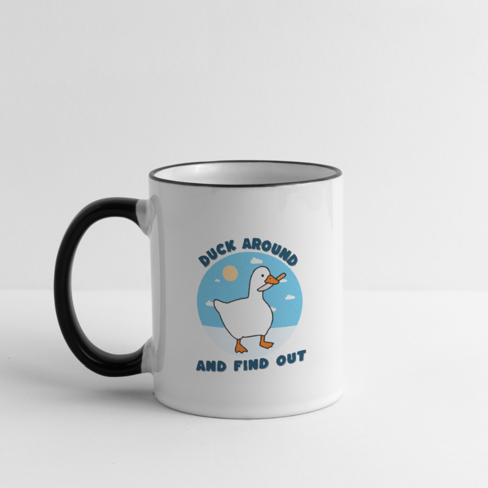 Lustige Kaffeetasse mit frechem Enten-Motiv „Duck Around and Find Out“ Tasse - Weiß/Schwarz