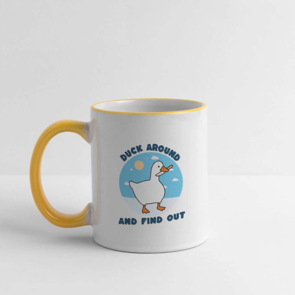Lustige Kaffeetasse mit frechem Enten-Motiv „Duck Around and Find Out“ Tasse - Weiß/Gelb