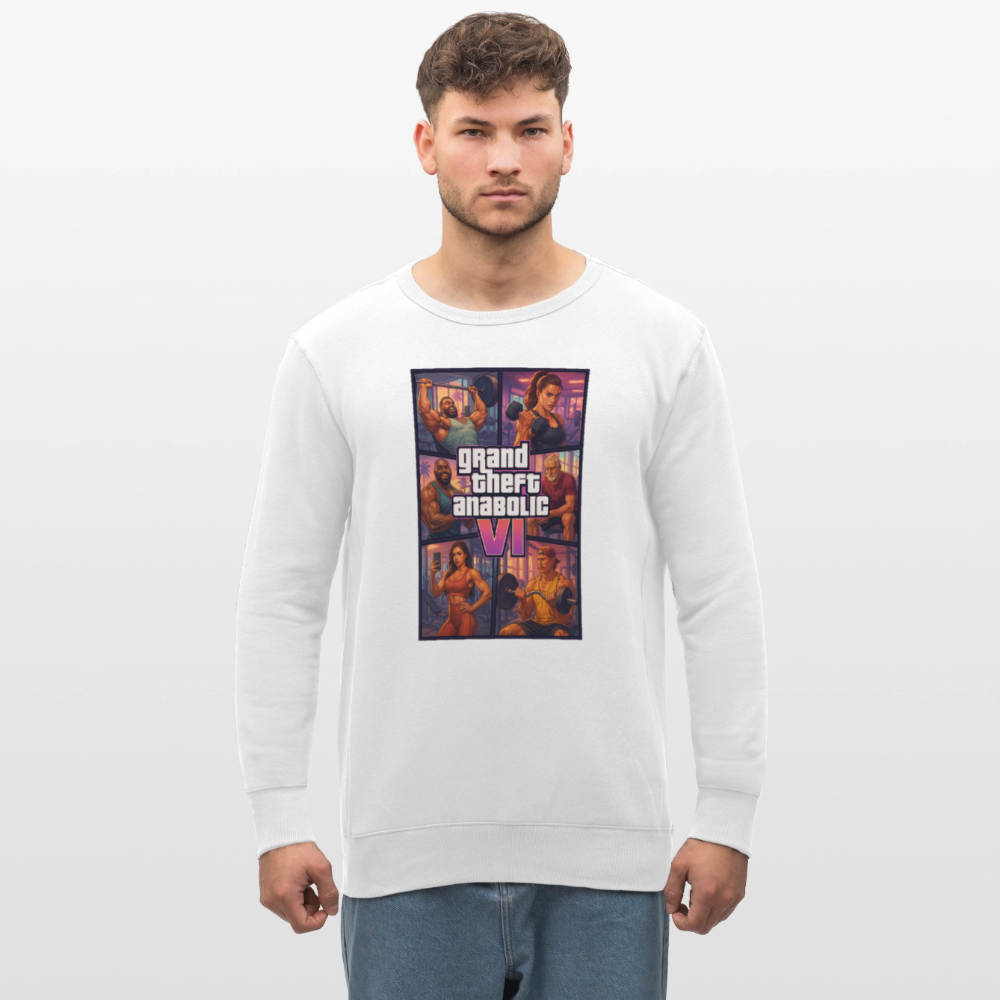 GTA VI Sweatshirt "Grand Theft Anabolic" – Organic Fitness Pullover im Retro Comic Look - Weiß