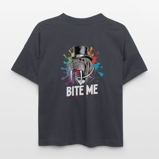 Bio Oversized Shirt BITE ME Unisex – Lustiges Walross-Design mit Zylinder & buntem Splash-Effekt - Indigoblau