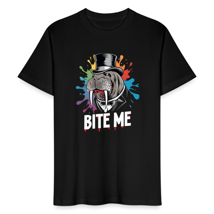 Unisex Bio-T-Shirt BITE ME – Lustiges Walross-Design mit Zylinder & buntem Splash-Effekt - Schwarz