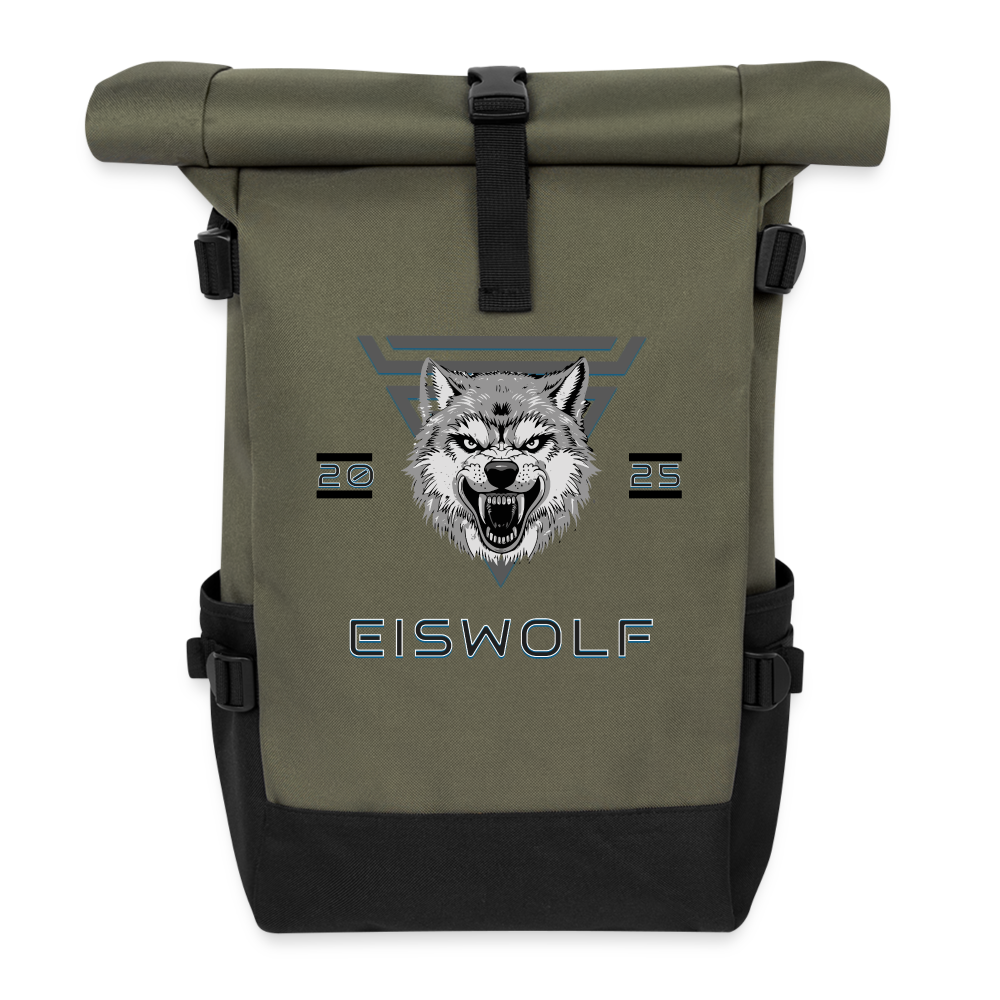 Rolltop Rucksack EISWOLF 2025 – Robuster Outdoor-Rucksack mit Wolf-Design & taktischer Ästhetik - Olive/Schwarz