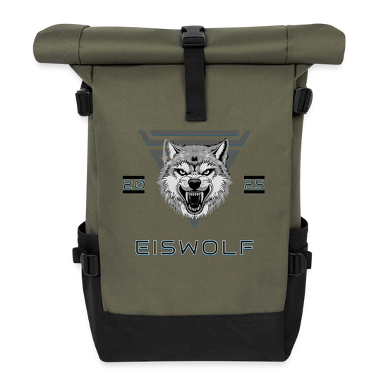 Rolltop Rucksack EISWOLF 2025 – Robuster Outdoor-Rucksack mit Wolf-Design & taktischer Ästhetik - Olive/Schwarz