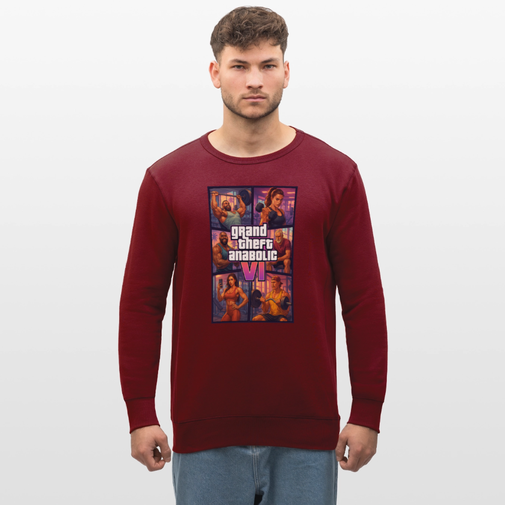 GTA VI Sweatshirt "Grand Theft Anabolic" – Organic Fitness Pullover im Retro Comic Look - Burgunderrot