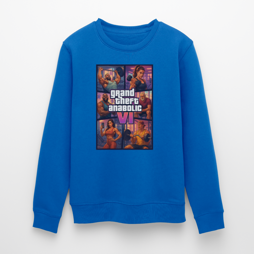 GTA VI Sweatshirt "Grand Theft Anabolic" – Organic Fitness Pullover im Retro Comic Look - Königsblau
