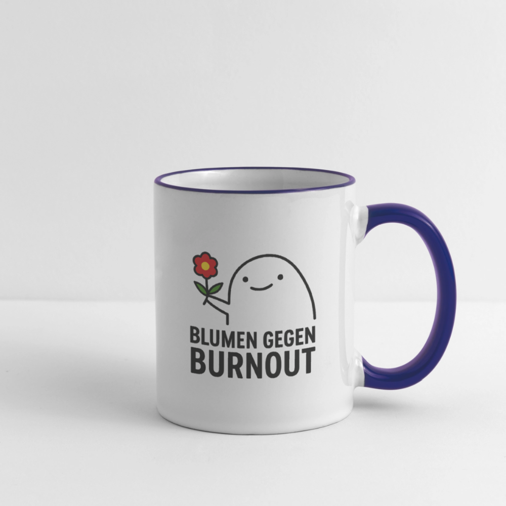 Tasse „Blumen gegen Burnout“ | Keramik, Spülmaschinenfest, Geschenkidee - Weiß/Kobaltblau