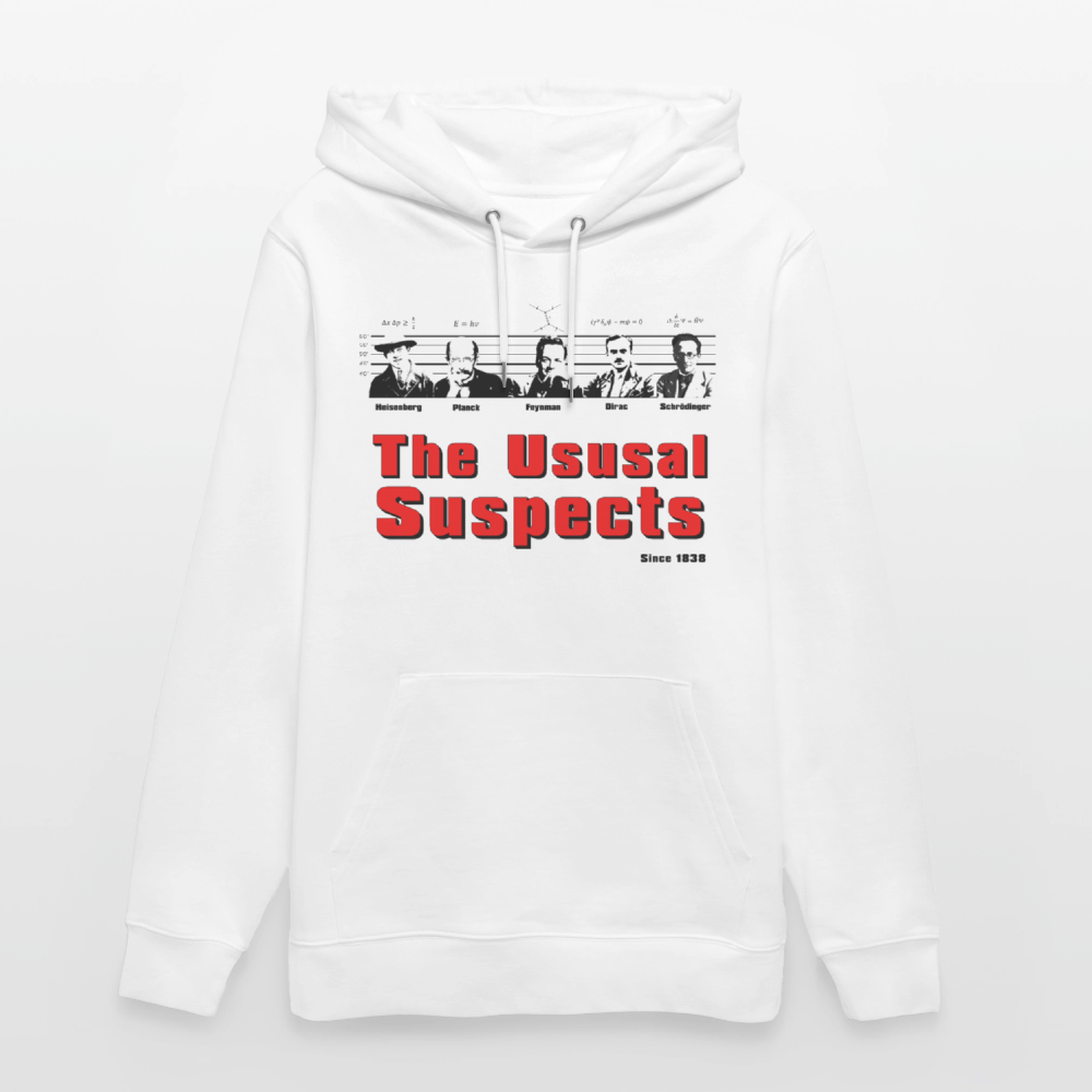 The Usual Suspects Hoodie – Bio Unisex Kapuzenpullover mit Physiker-Retroprint - Weiß