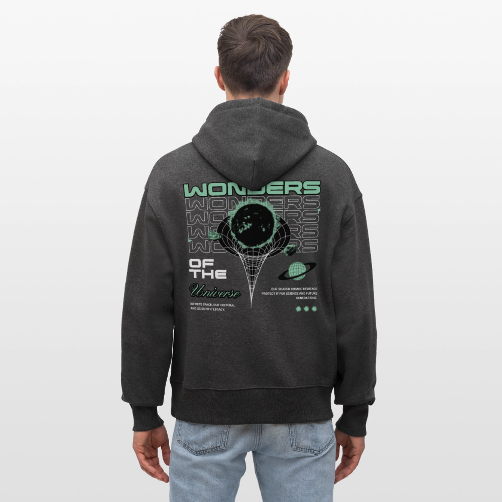 Wonders of the Universe Hoodie – Bio Relaxed Fit Kapuzenpullover mit Retro Space Backprint (Unisex) - Dunkelgrau meliert