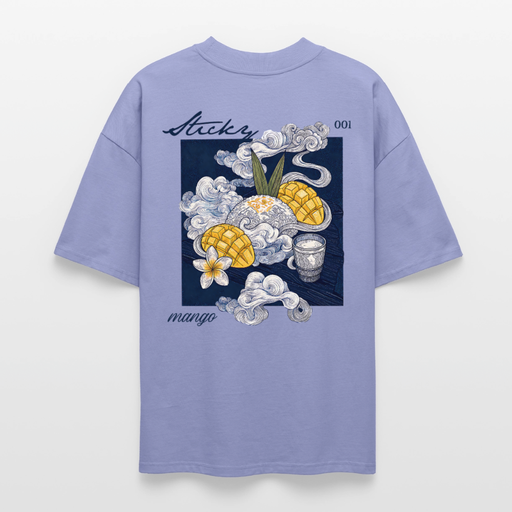Oversized Unisex Bio T-Shirt „Sticky Mango“ – Streetwear Backprint | Planet Pioneers - Violett