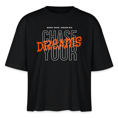 Boxy Organic Shirt Damen – „CHASE YOUR DREAMS“ | Oversized Statement Shirt aus 100 % Bio-Baumwolle - Schwarz